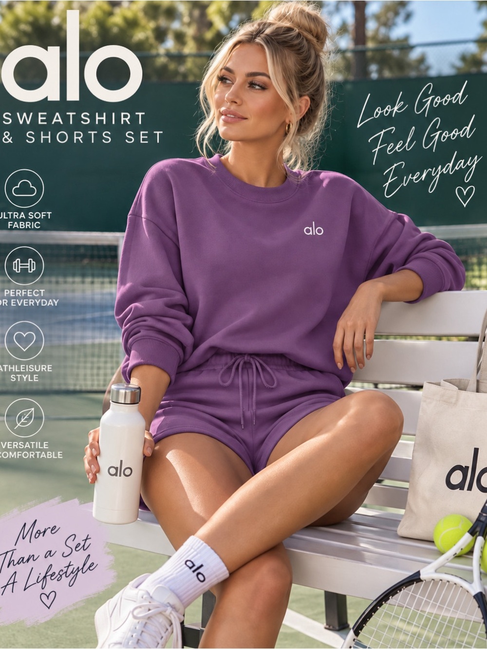 ALO Yoga Accolade Crew Neck Pullover & Shorts Set S Limited Plum Kiss